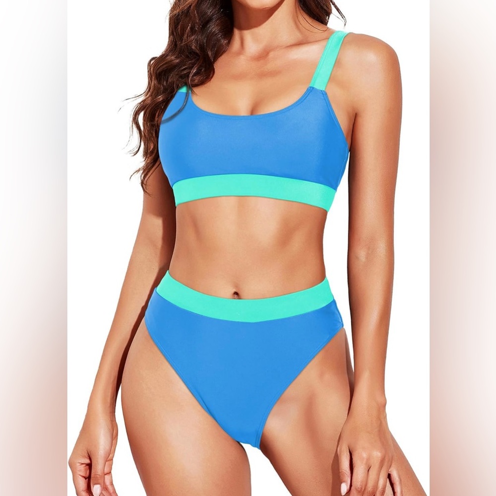 ZINPRETTY Women High Waisted Bikini Set Sports Color Block Swimsuit Scoop Neck